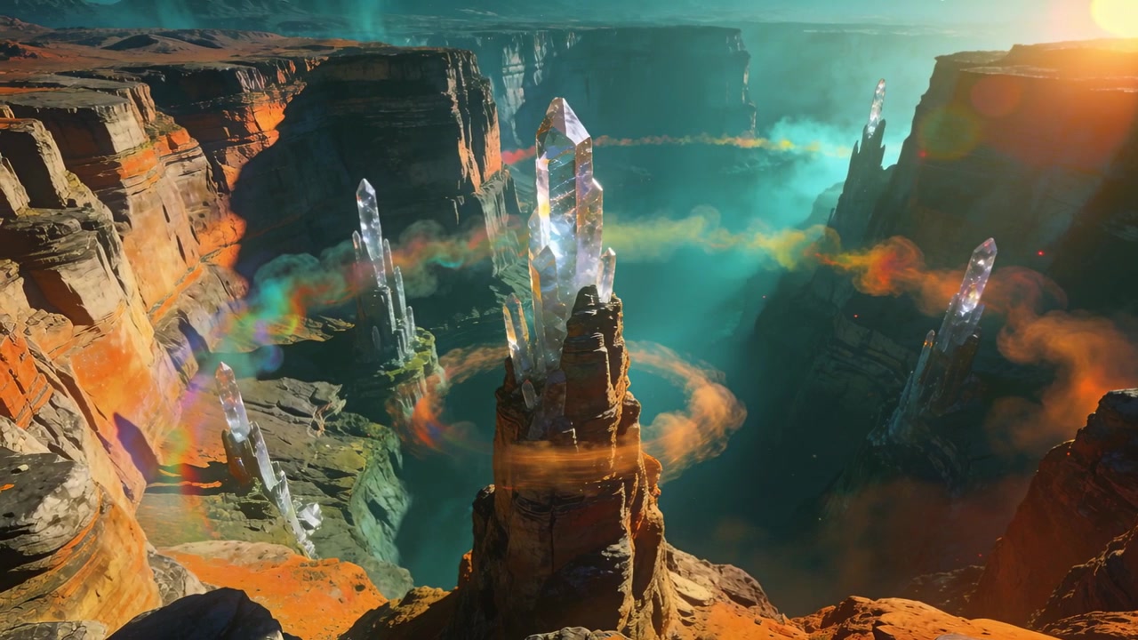 Descending camera revealing central clear crystals over red-rock canyon rainbow mist expanding