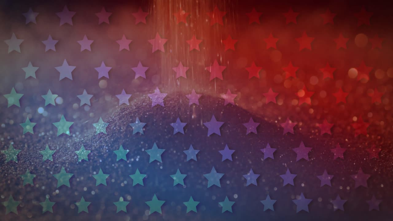 Animation of american flag stars over sparkling sand falling in background