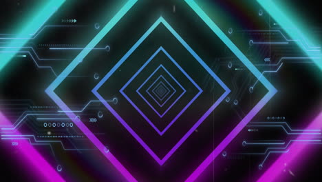 animación de formas de neón sobre una placa de circuitos de computadora sobre un fondo negro
