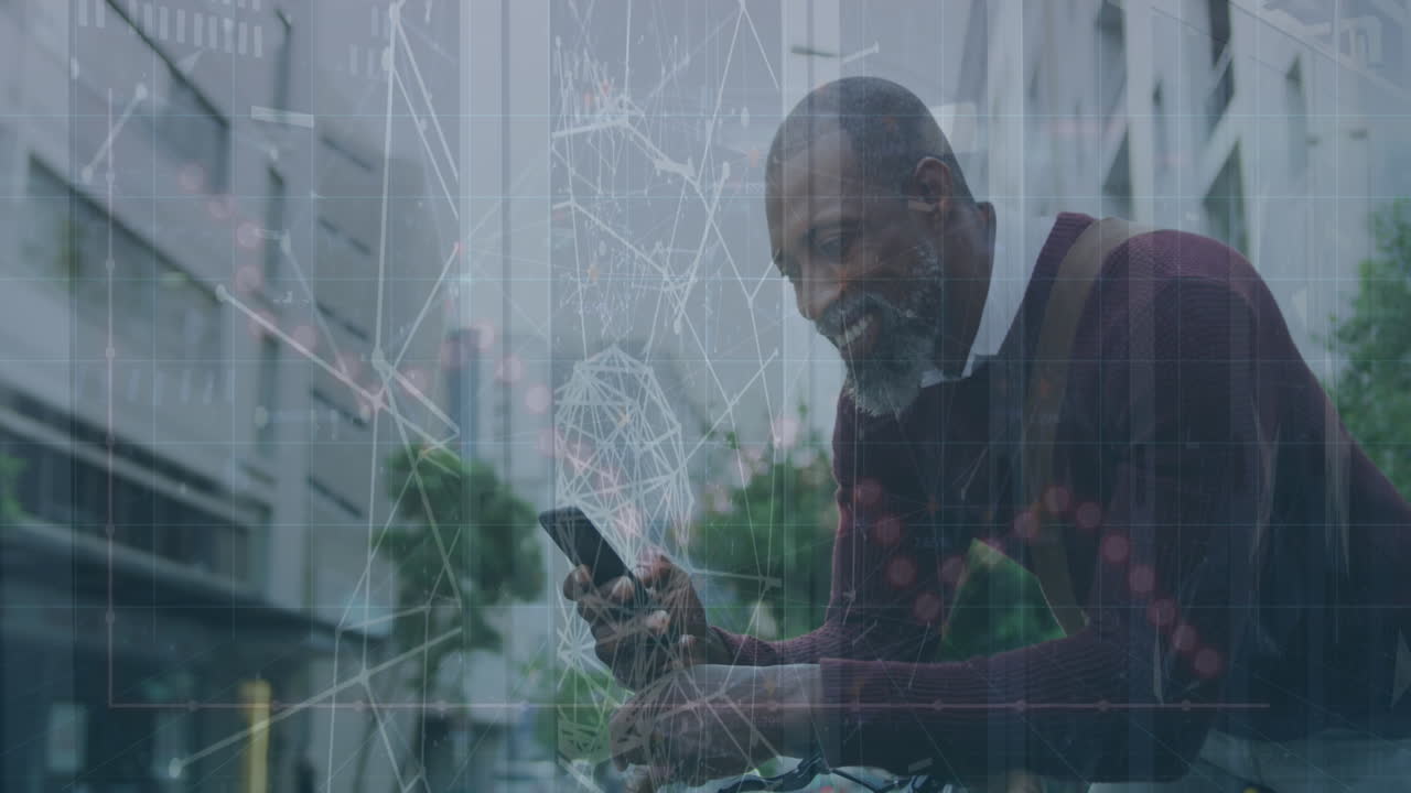 Animation of plexus networks over african american man with bicycle using smartphone on street
