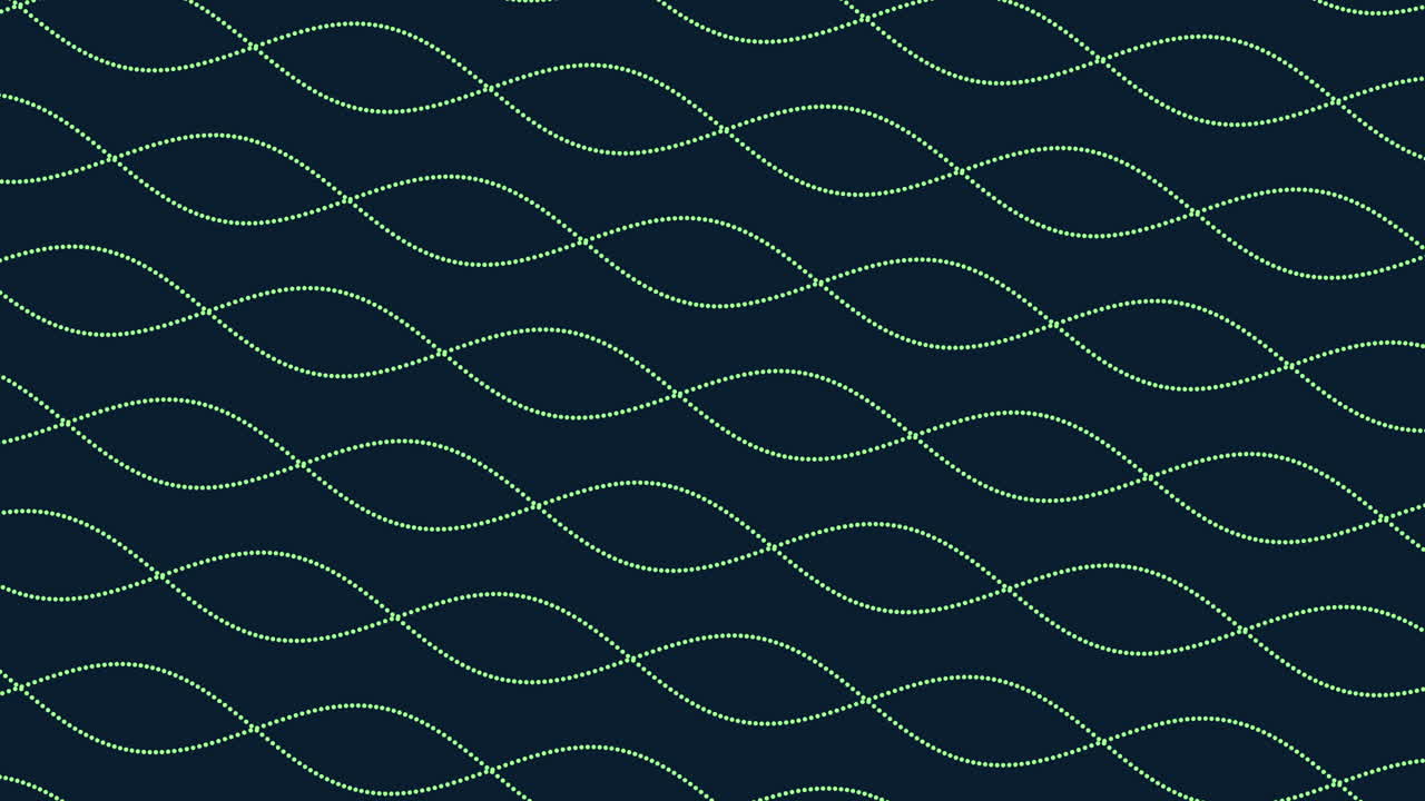 Sfondo astratto continuo caratterizzato da linee d'onda punteggiate fluide su uno sfondo verde acqua scuro. Motion design geometrico minimale ideale per tecnologia, scienza, dati e presentazioni digitali moderne