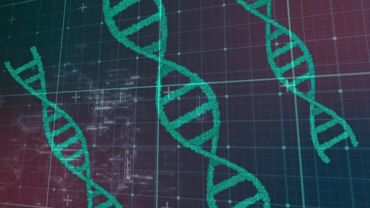 Animation of dots forming dna helixes over navigation pattern against abstract background