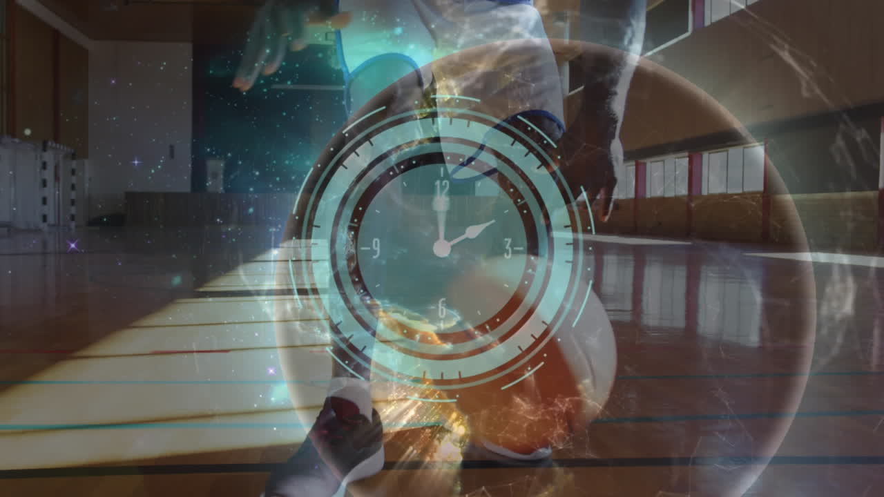 анимация сети связей и глобуса над афроамериканским баскетболистом