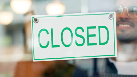 Closed-sign,-front-door-and-cafe-restaurant-man