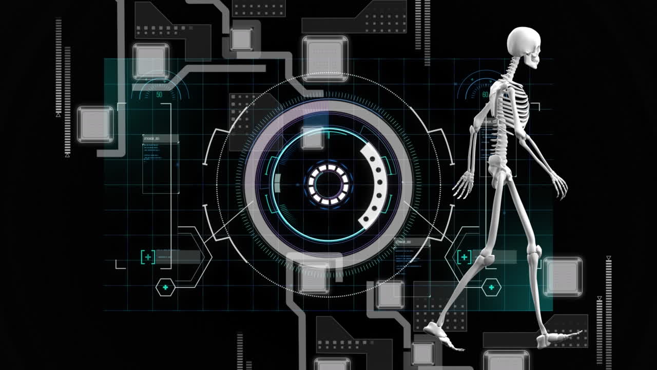 animación del procesamiento de datos y el esqueleto digital sobre fondo negro