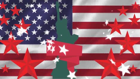 animation of statue of liberty and red stars over flag of united states of america