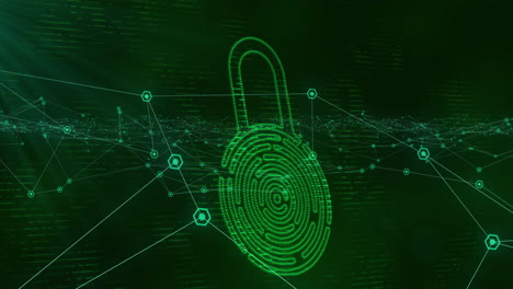animación de un candado de seguridad en línea verde sobre una red de conexiones con fondo verde