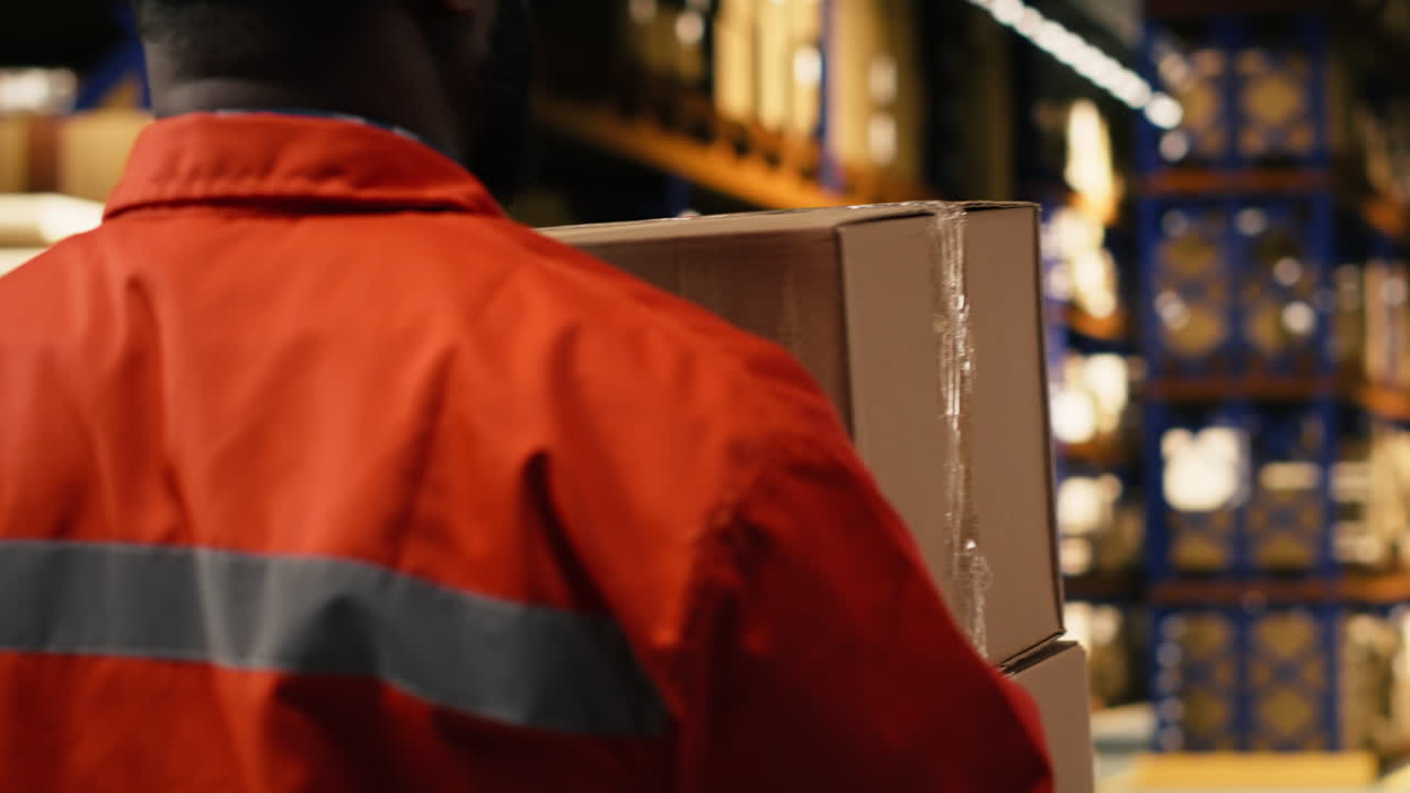 Black worker moving cargo pallets across busy warehouse floor