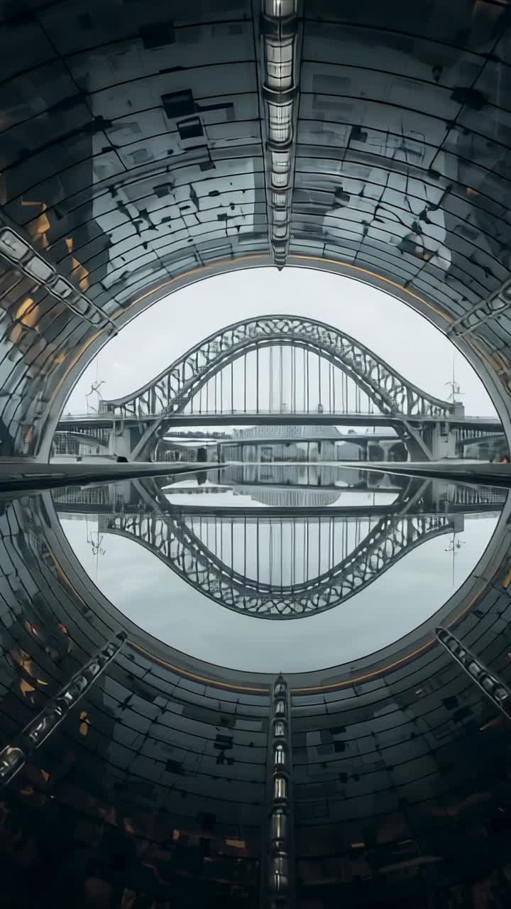 Vertical video: Water rippling, lights shifting making tunnel frame arch bridge at river, symmetric