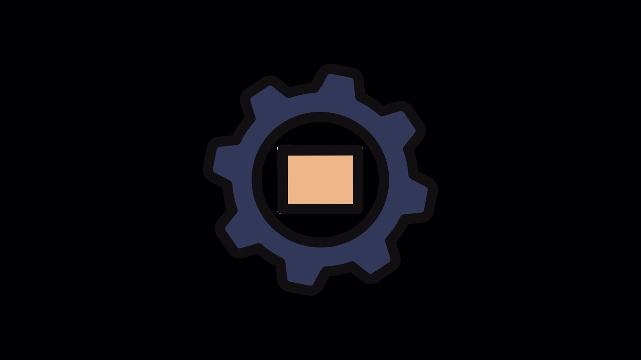 Animated Gear Icon with Transforming Cube, Pause, and Stop Symbols