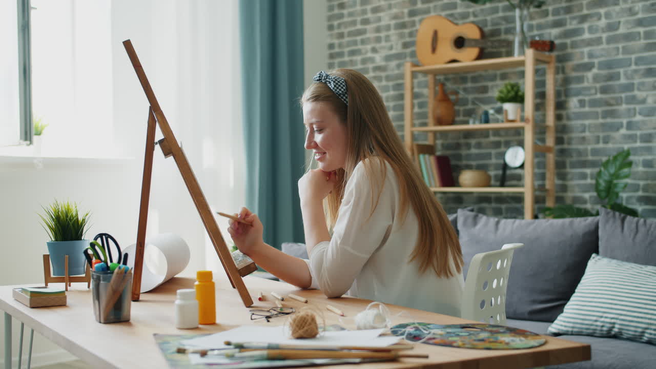 Young Woman Drawing at Home