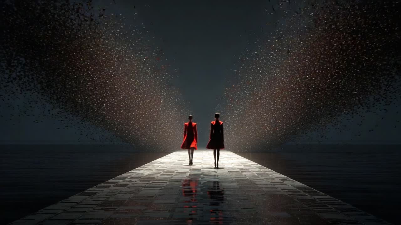 Two figures walk down a surreal pathway illuminated by floating particles, creating a striking contrast with their vibrant red garments against a dark, atmospheric backdrop