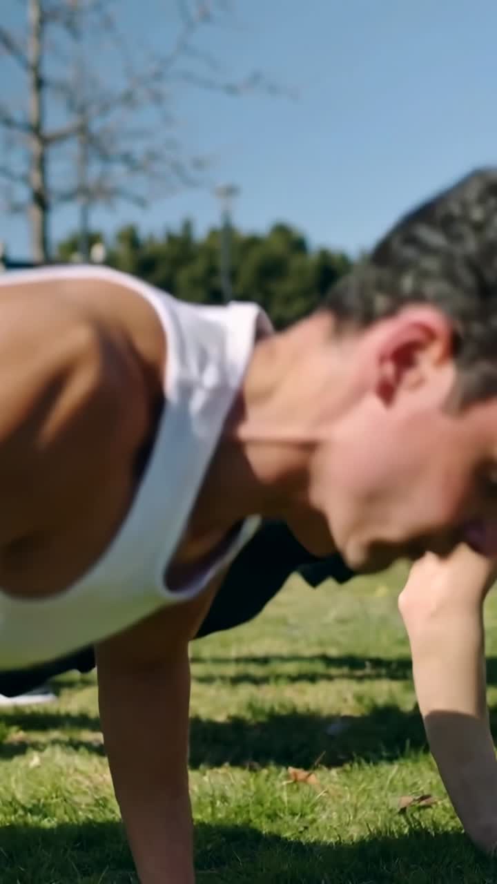 Vertikal video: Mand i hvid tanktop med øreprop laver armbøjninger, og partner træner på parkgræs.