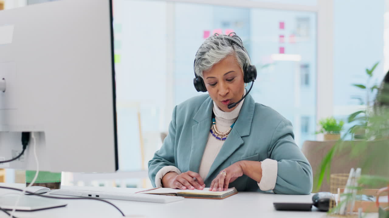 Call centre, talking and senior woman for support