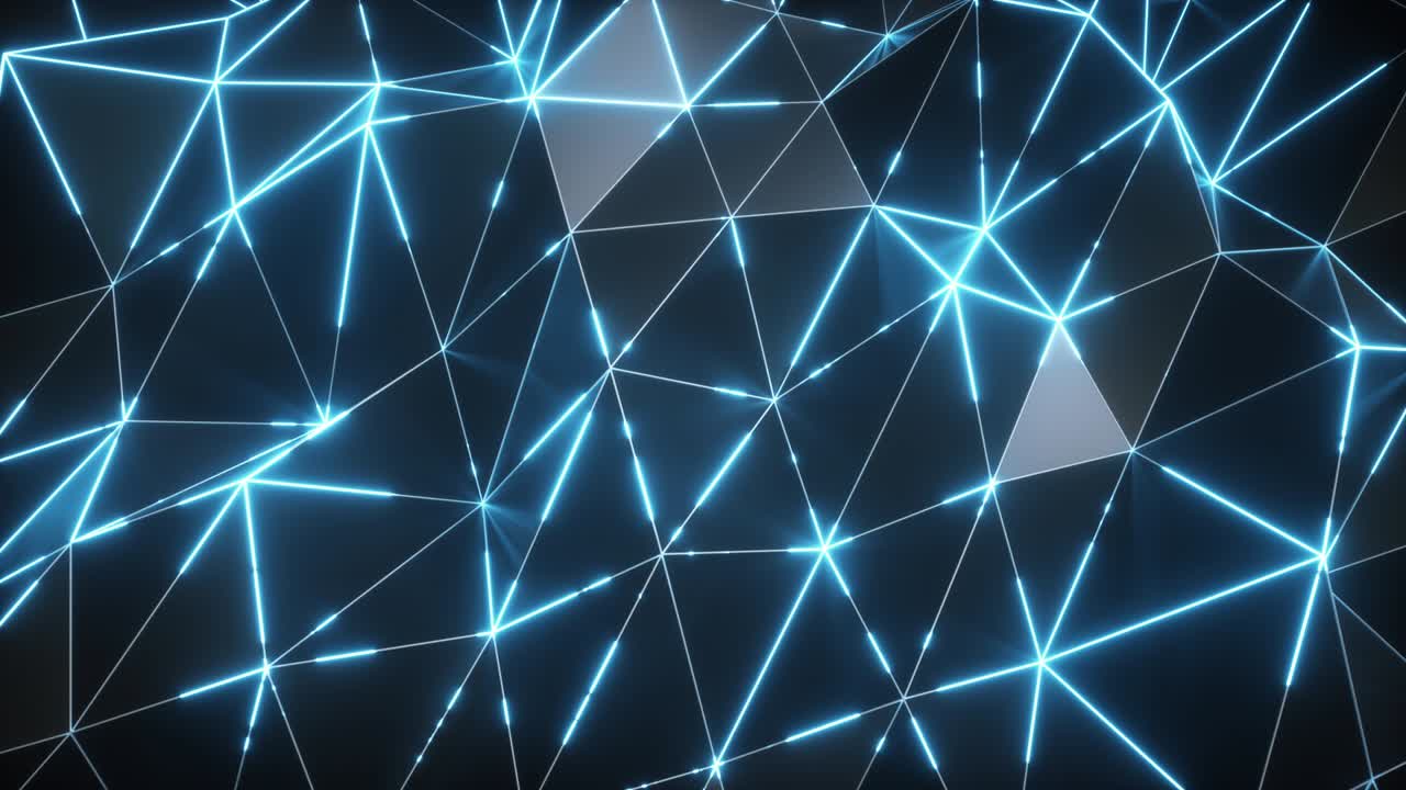 Abstract motion background. Low-poly dark waving surface with glowing blue light. Seamless loop 3d render