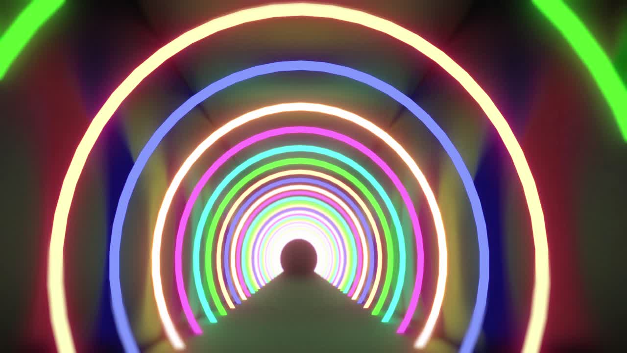 animación de círculos de luz de neón multicolores que parpadean sobre un fondo negro
