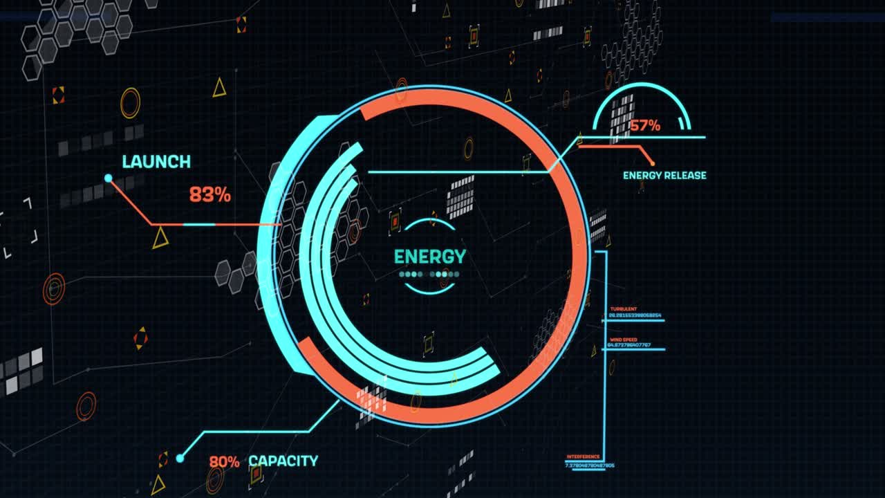Animation of data processing round scope scanning over stock market on black background