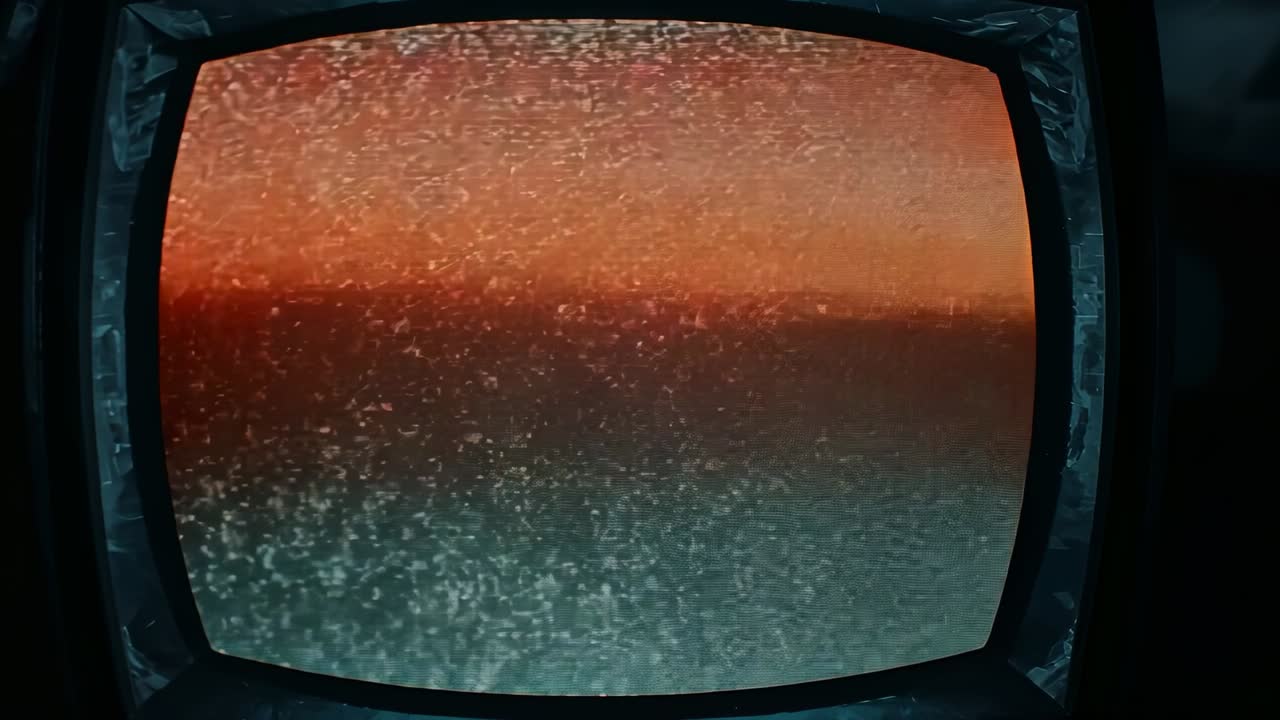 Powering on vintage CRT television set cycling flickering red tint then calming static in dark room