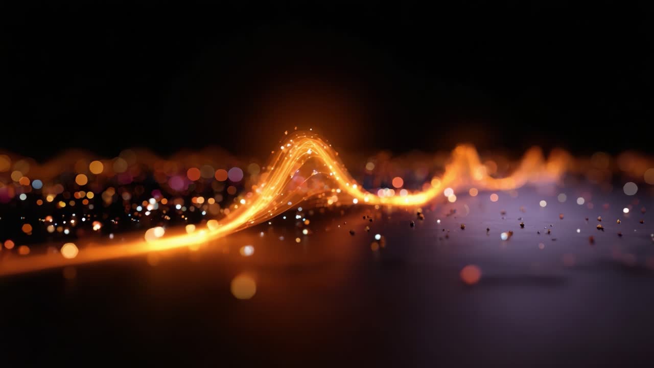 Onde di luce e colore in movimento accattivanti, che rappresentano il flusso dinamico di energia digitale e creatività, evidenziando la bellezza dei paesaggi sonori visivi