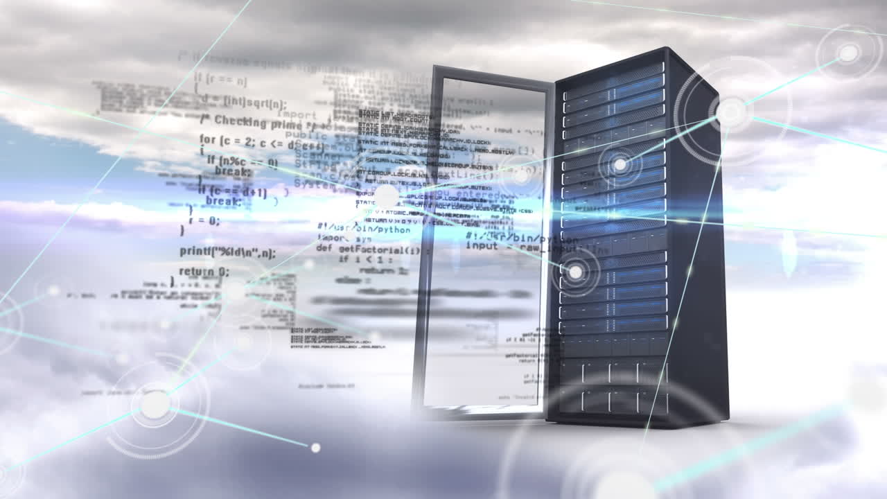 Animation of cpu with moving computer language and dots interconnecting with lines against clouds