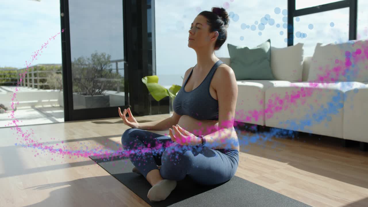 Pregnant woman doing prenatal yoga raising hands, lowering palms, drawing pink-blue swirls for calm