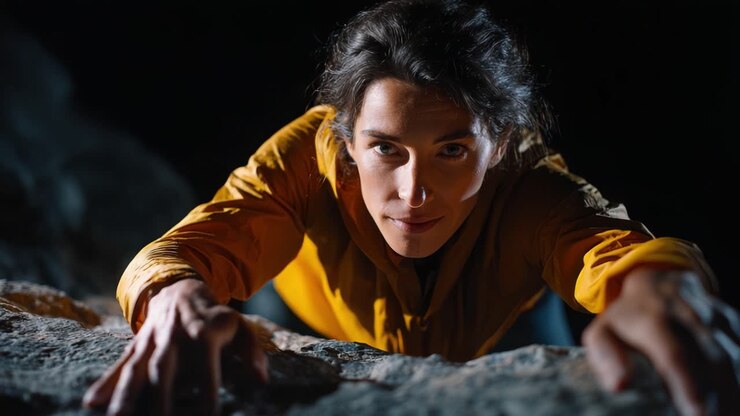 Un alpinista determinato che scala una sporgenza rocciosa sotto una luce fioca, mostrando forza, concentrazione e il brivido dell'avventura all'aperto in un'ambientazione notturna.