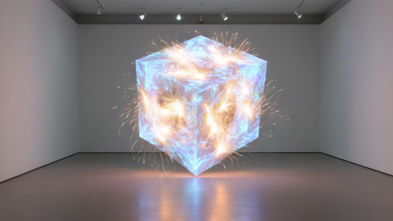 A Stunning Display of Dynamic Light and Energy: A Captivating Artistic Installation Transforming a Minimalist Gallery Space with Sparkling Visuals and Multicolored Reflections
