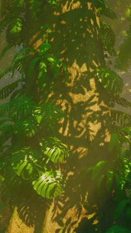 close-up of a large tree trunk in a lush, green jungle