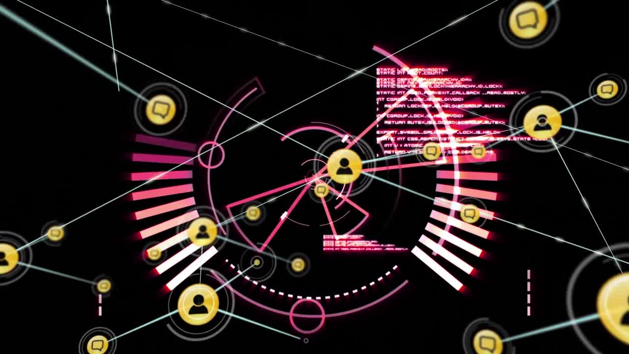 검은 바탕에서 범위 스캐닝과 데이터 처리에 대한 연결 네트워크의 애니메이션