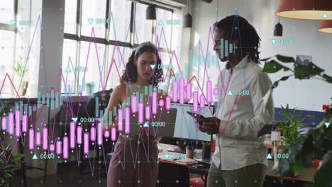 financial data analysis animation over diverse business people discussing in office