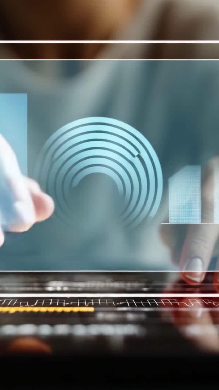 Primo piano di mani che utilizzano un tablet digitale per analizzare immagini e grafici di dati su un'interfaccia moderna, al fine di migliorare il processo decisionale