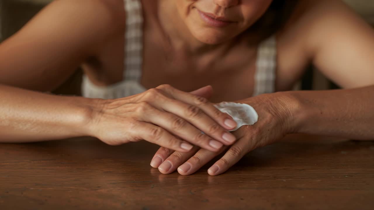 Placerer et underlag, kvinde i stribet top smører creme på venstre hånd ved et træbord for at fugte.