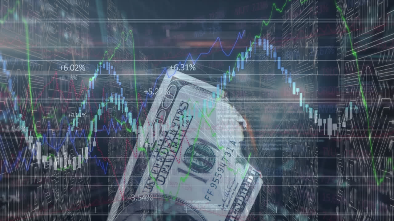 Animation of diverse financial data and graphs over integrated circuits and dollar banknote