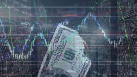 animación de diversos datos financieros y gráficos sobre circuitos integrados y billetes de dólar