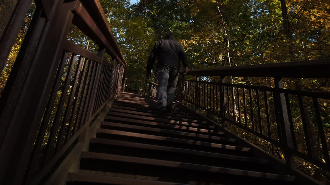 vista panorámica de un hombre caminando por una escalera de un parque al aire libre