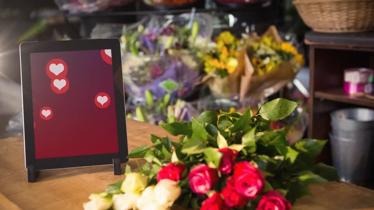 Animation of tablet with heart icons on screen and flowers over florist's