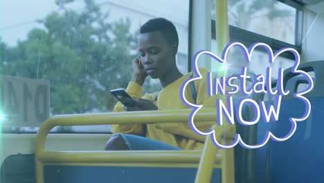 young person on bus using phone with install now text animation over scene