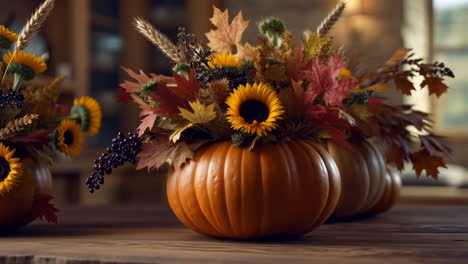 autumn pumpkin centerpiece with sunflowers and fall leaves