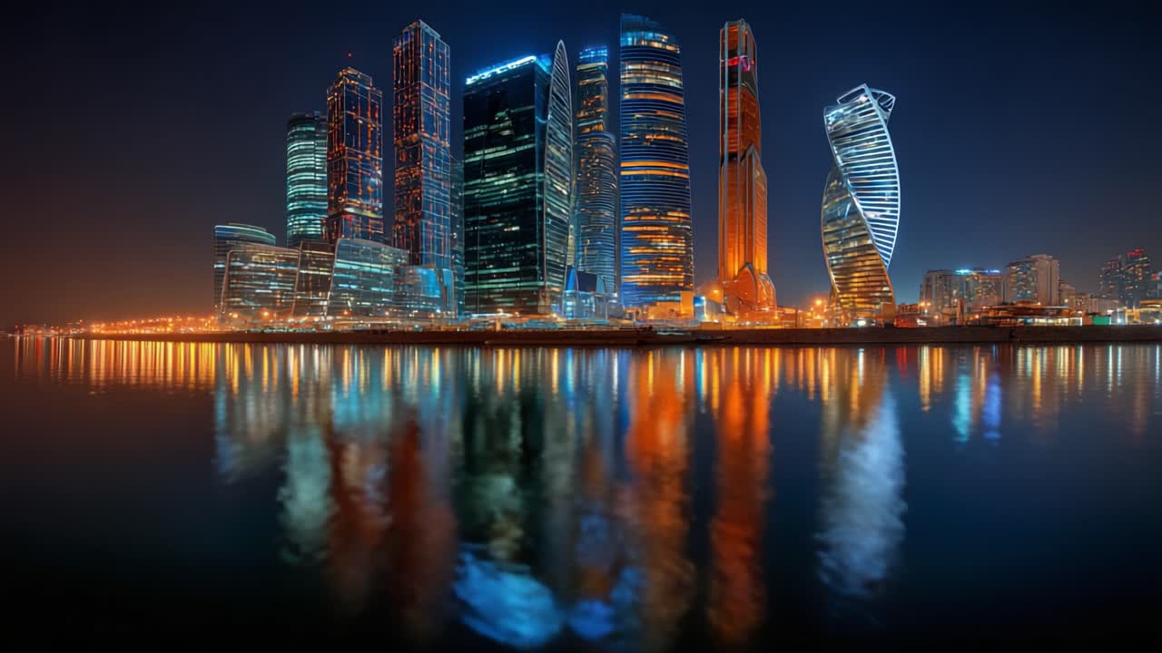 Stunning Nightscape of a Modern City Skyline Reflected in Water, Illuminated by Vibrant Lights and Showcasing Sleek Architectural Designs Against a Starry Sky