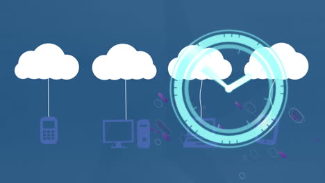 animación de reloj que se mueve rápido y nubes digitales con dispositivos electrónicos