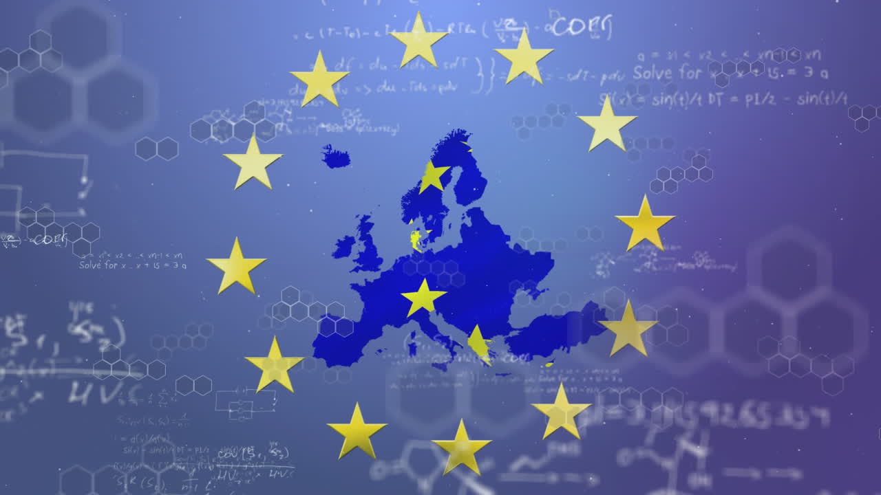 노란색 별들이 파란색 배경에 화학적 구조 위에서 회전합니다.