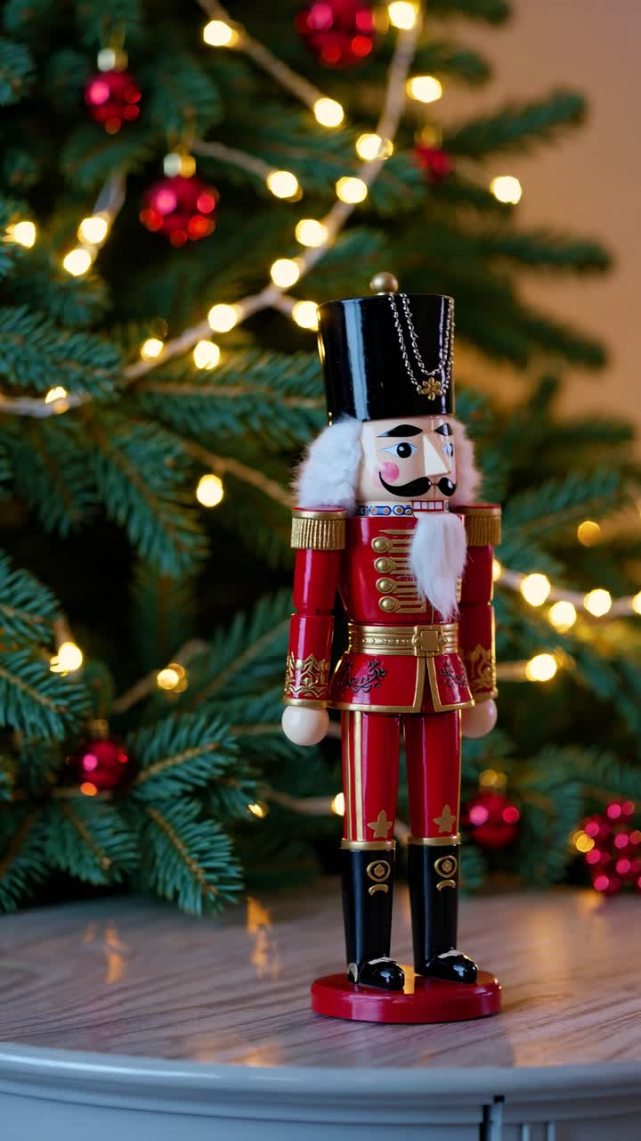 Festive nutcracker soldier in focus, standing on a table, with a softly blurred Christmas tree