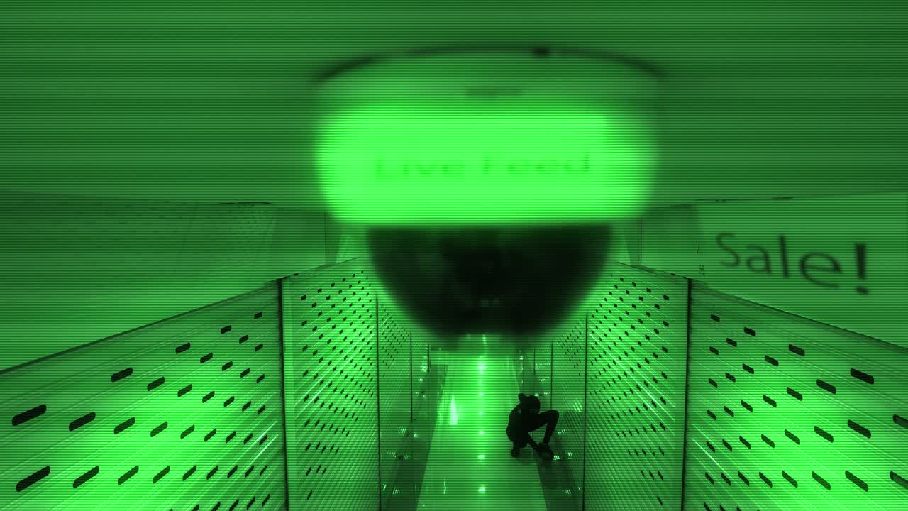 vista desde una cámara de vigilancia de seguridad de una mujer que usa un pasamontañas entrando a escondidas en un centro comercial después de horas para irrumpir en una tienda