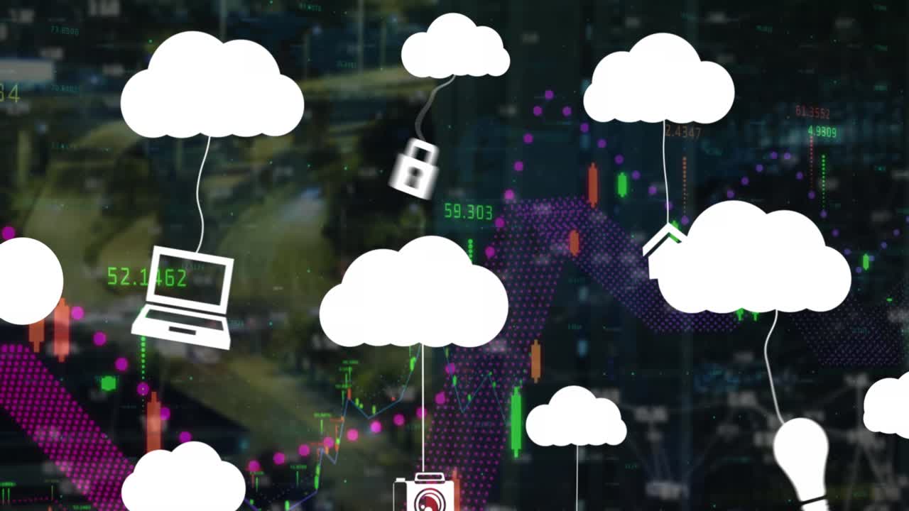 Animation of clouds with icons over data processing and cityscape