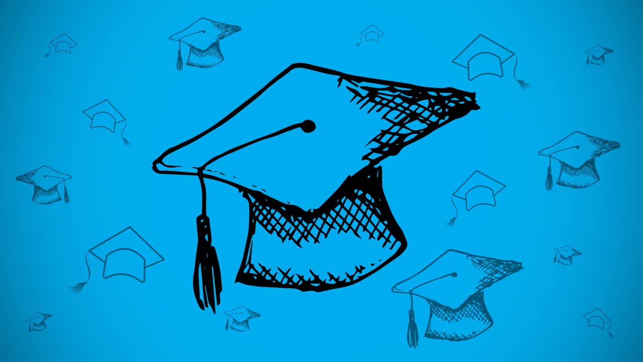 Animazione di cappelli da laurea, universitari o accademici disegnati a mano con contorni neri che si muovono su sfondo blu.