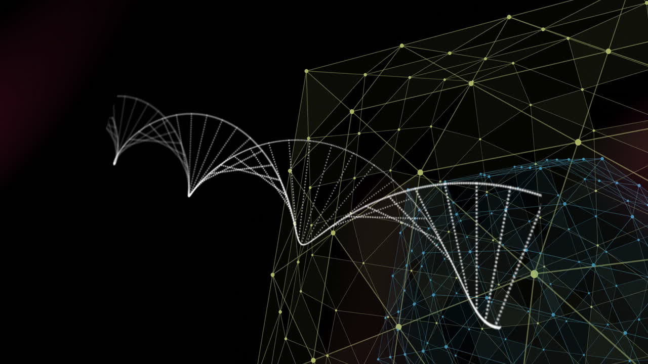 Animation of DNA strand and geometric network structure on dark background