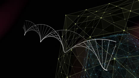 animation of dna strand and geometric network structure on dark background
