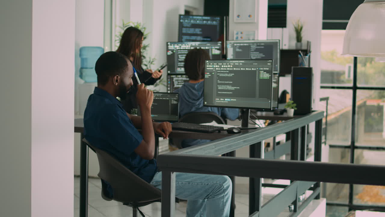 African american system engineer thinking about html script development