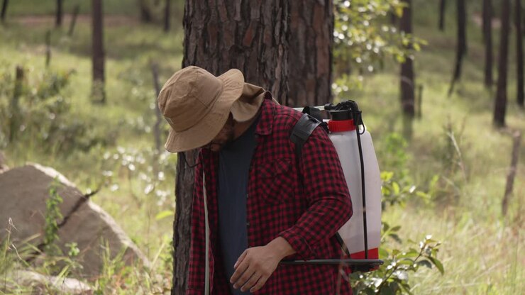 Primo piano di un uomo che lavora con un'irroratrice a zaino, opera nella foresta annaffiando nuove piantine