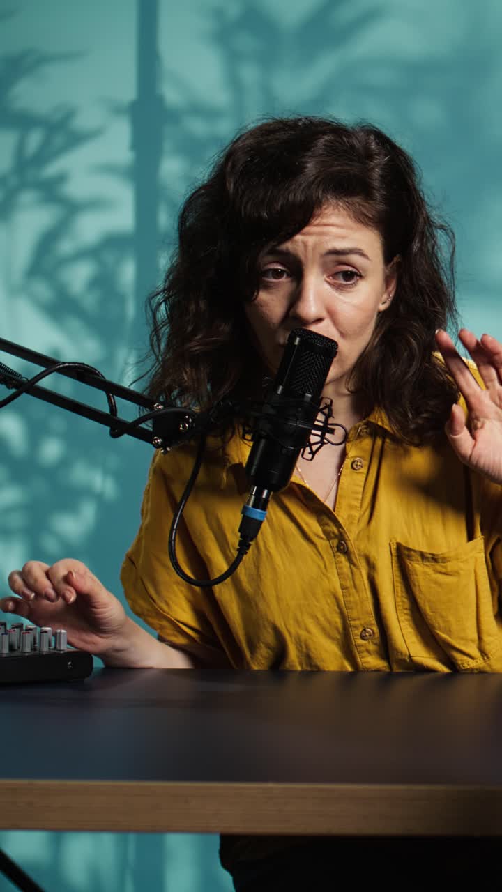 Woman Recording Podcast in Studio with Microphone and Sound Mixer